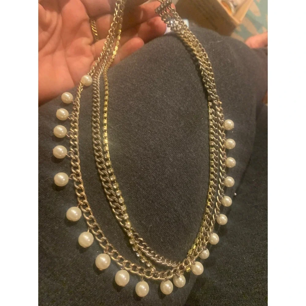 Gold Tone Multi Strand Faux Pearl Rhinestone Layered Chain Statement Necklace